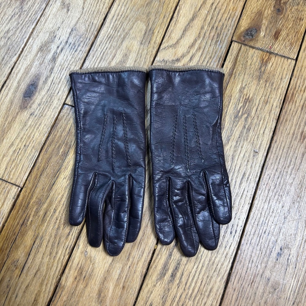 Fownes Brown Leather Gloves Knit Lined Size 6.5 Decorative Stitching Mens Womens